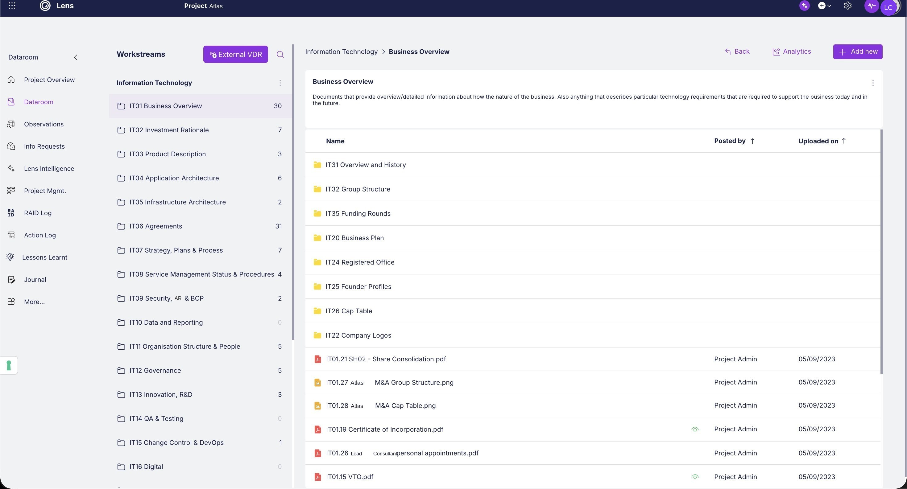 Multi-workstream dataroom with numbered workstream folders and per-folder document counts