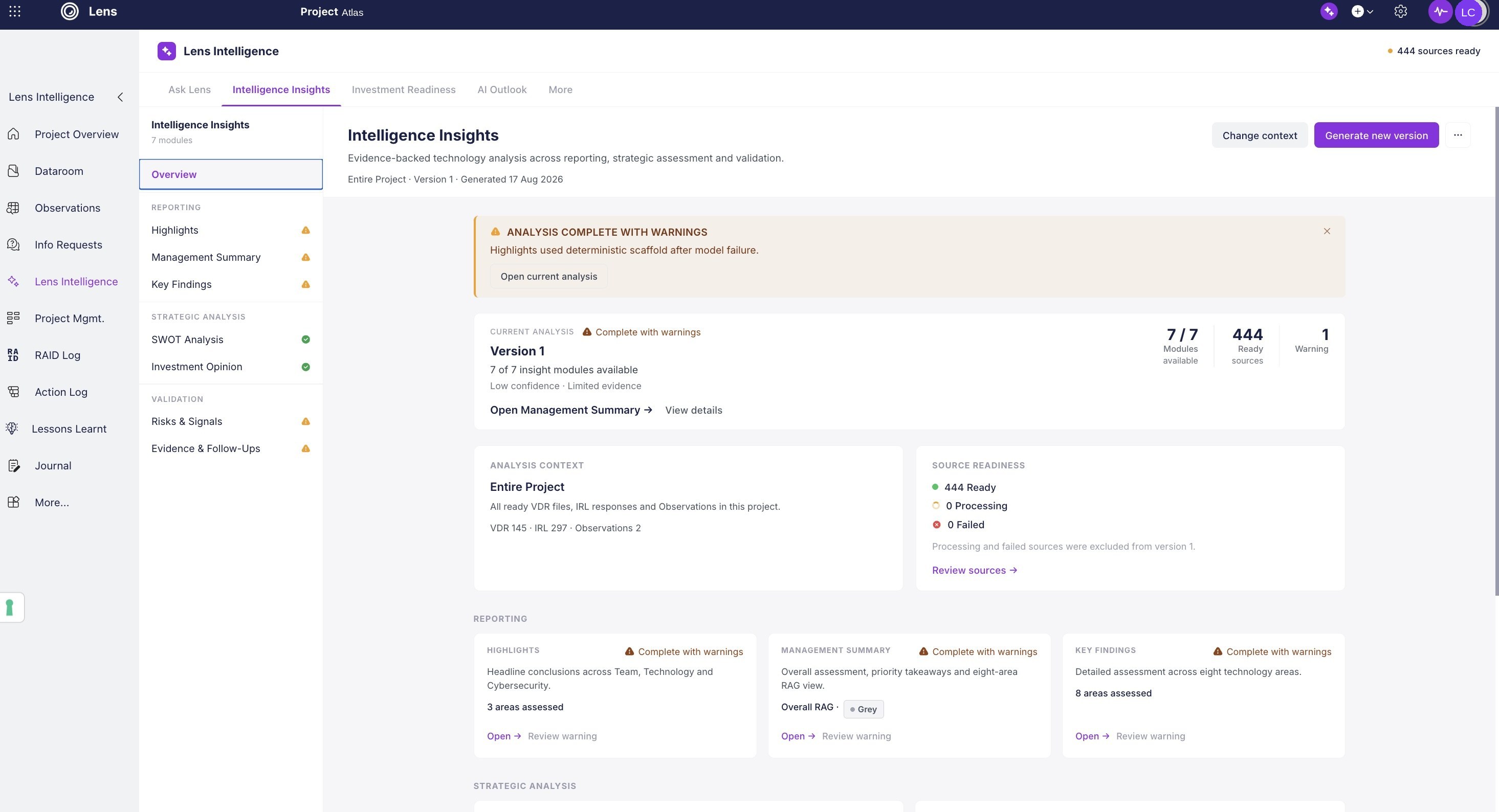 Lens Intelligence assessment view showing generated insight modules and their evidence