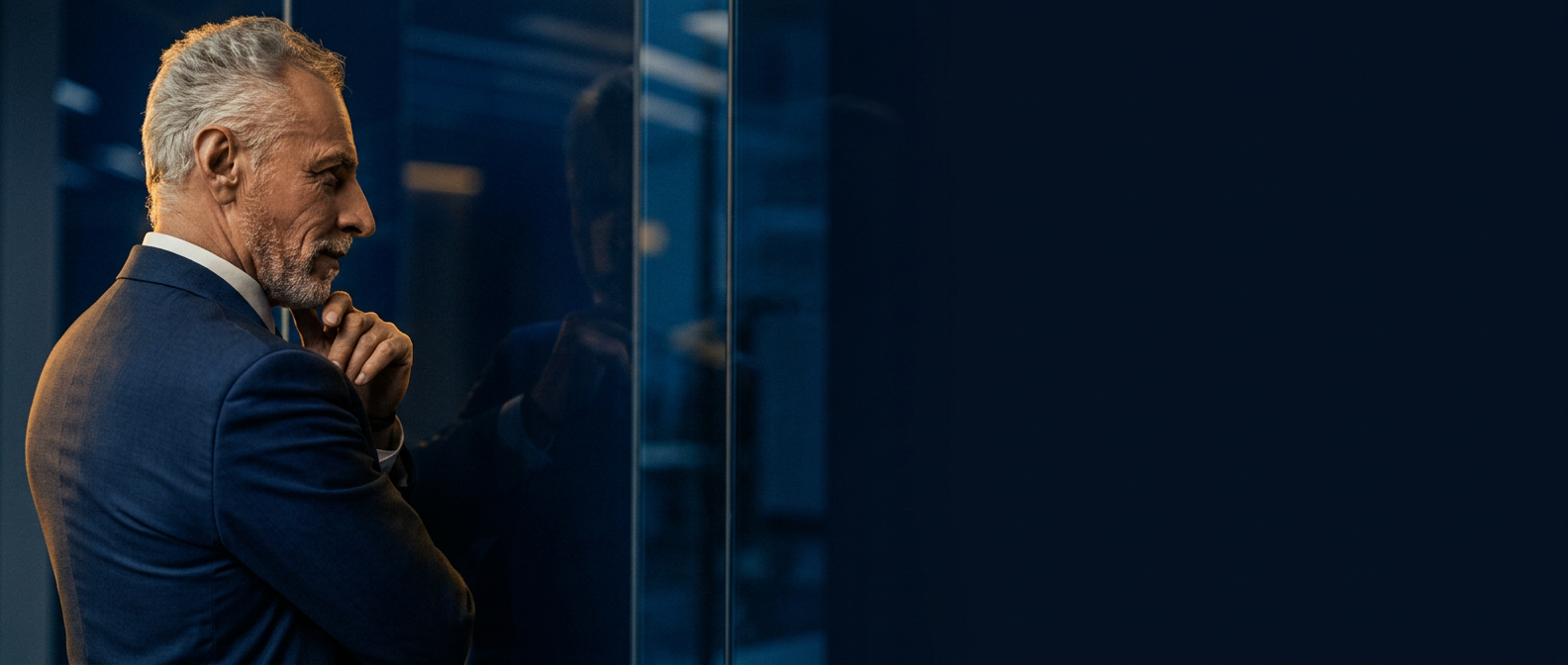 A corporate development lead pausing in a glass-walled office