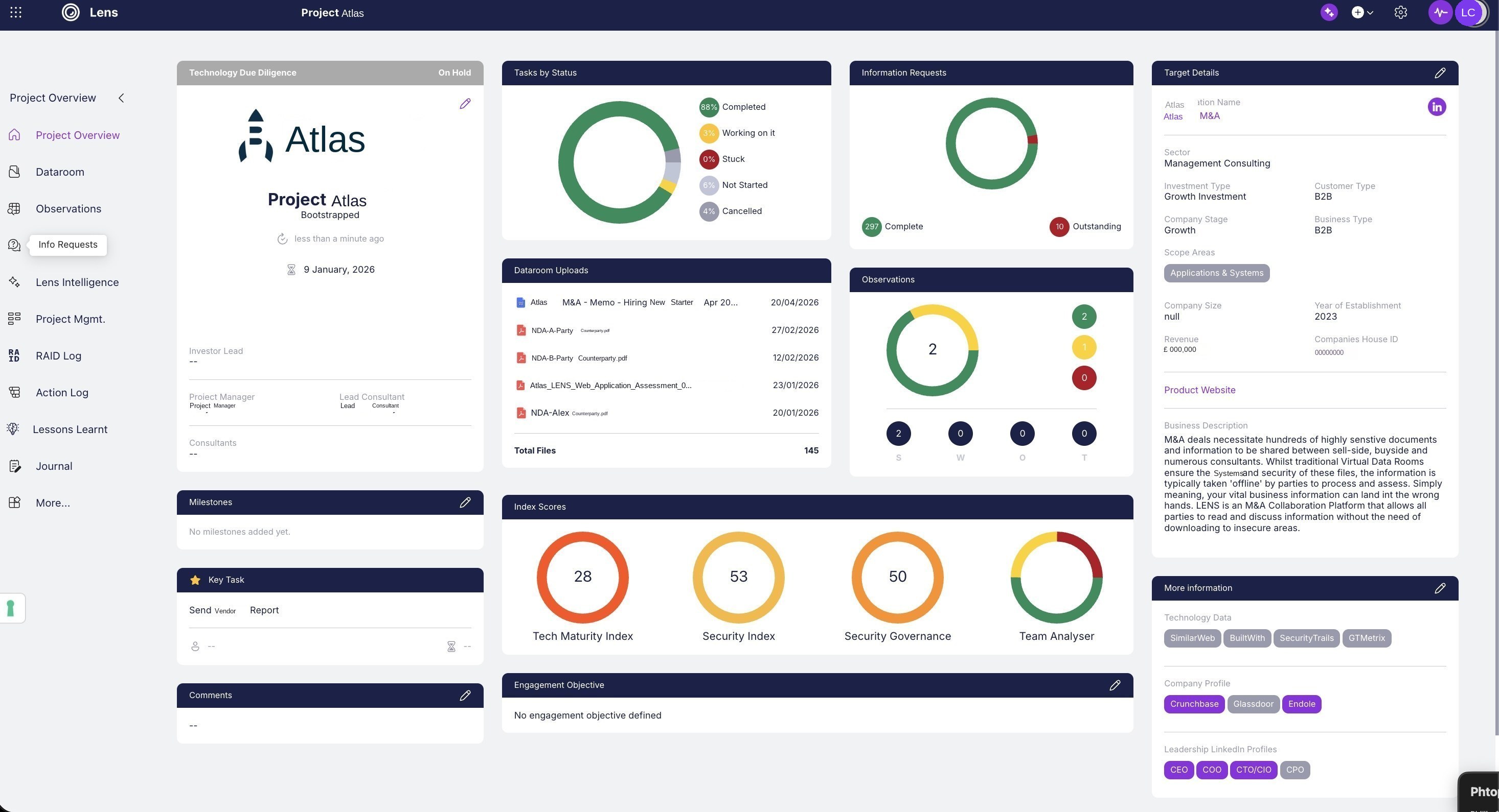 Lens project overview showing scope areas, task status, information request completion and index scores for a live deal