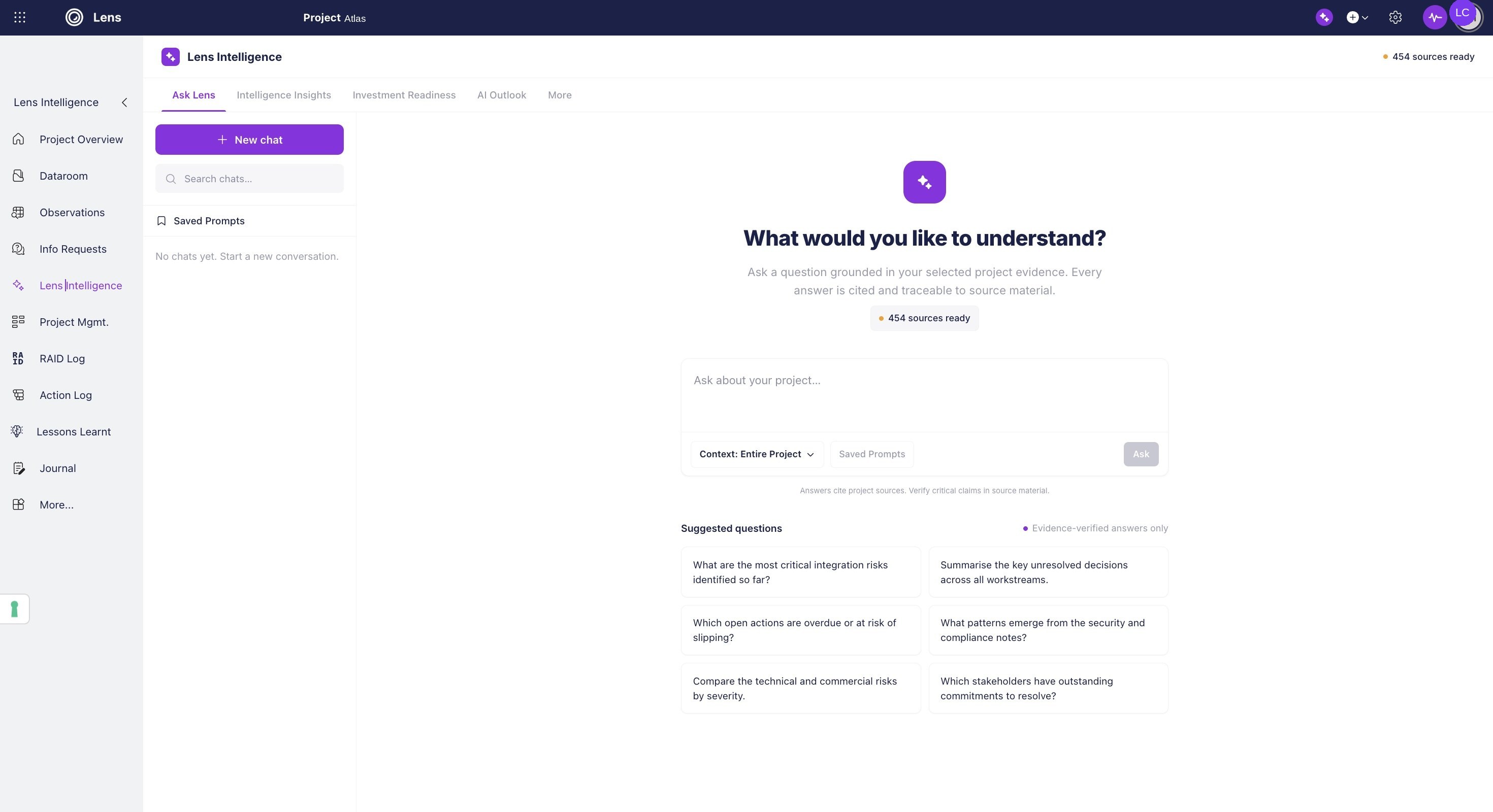 Lens Intelligence answering a project question with cited sources and confidence labels