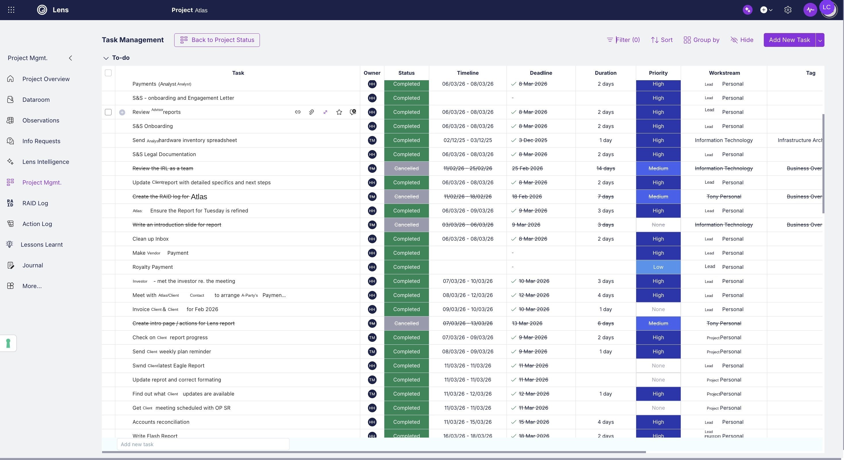 Task board showing individual task cards grouped by status with owners