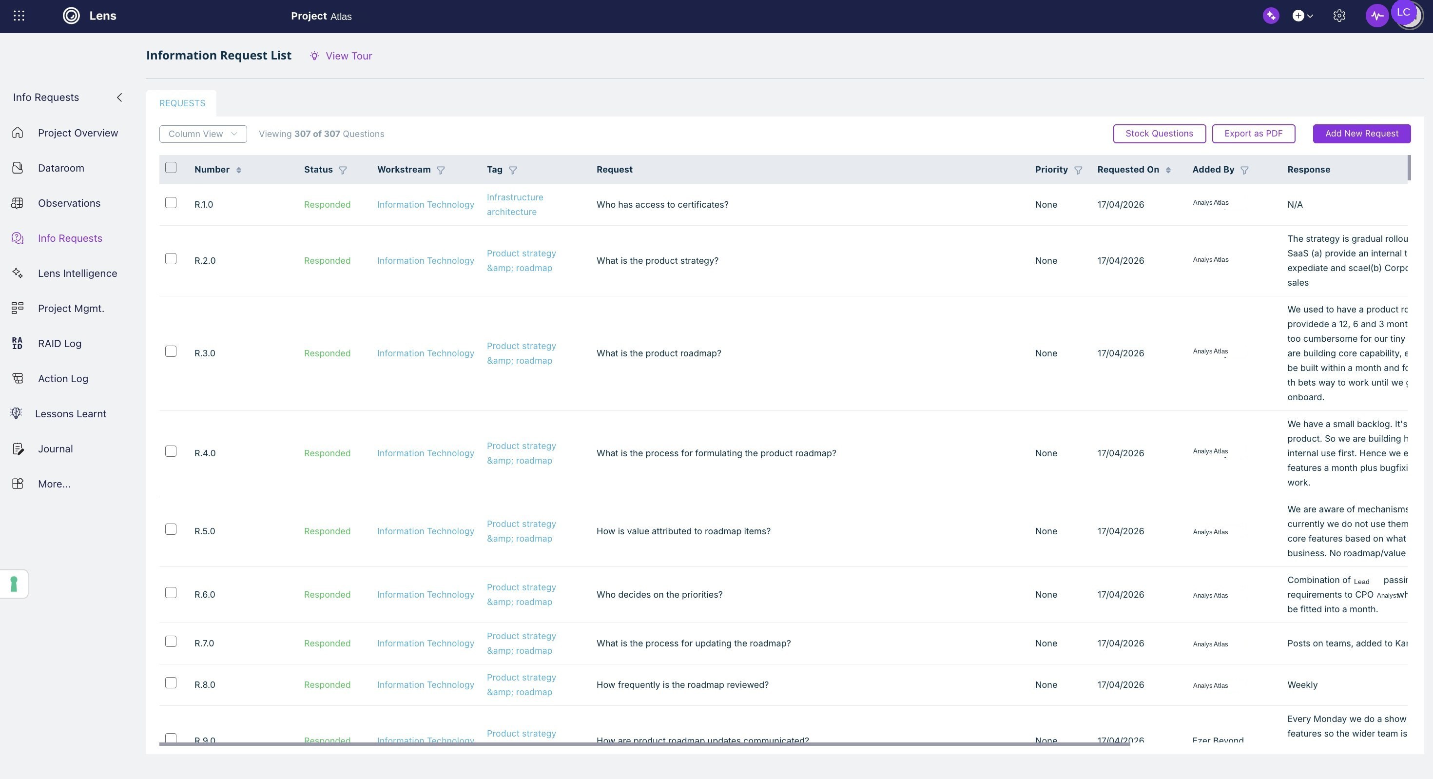 Digital information request list with status, workstream, tag, priority, requester and inline responses