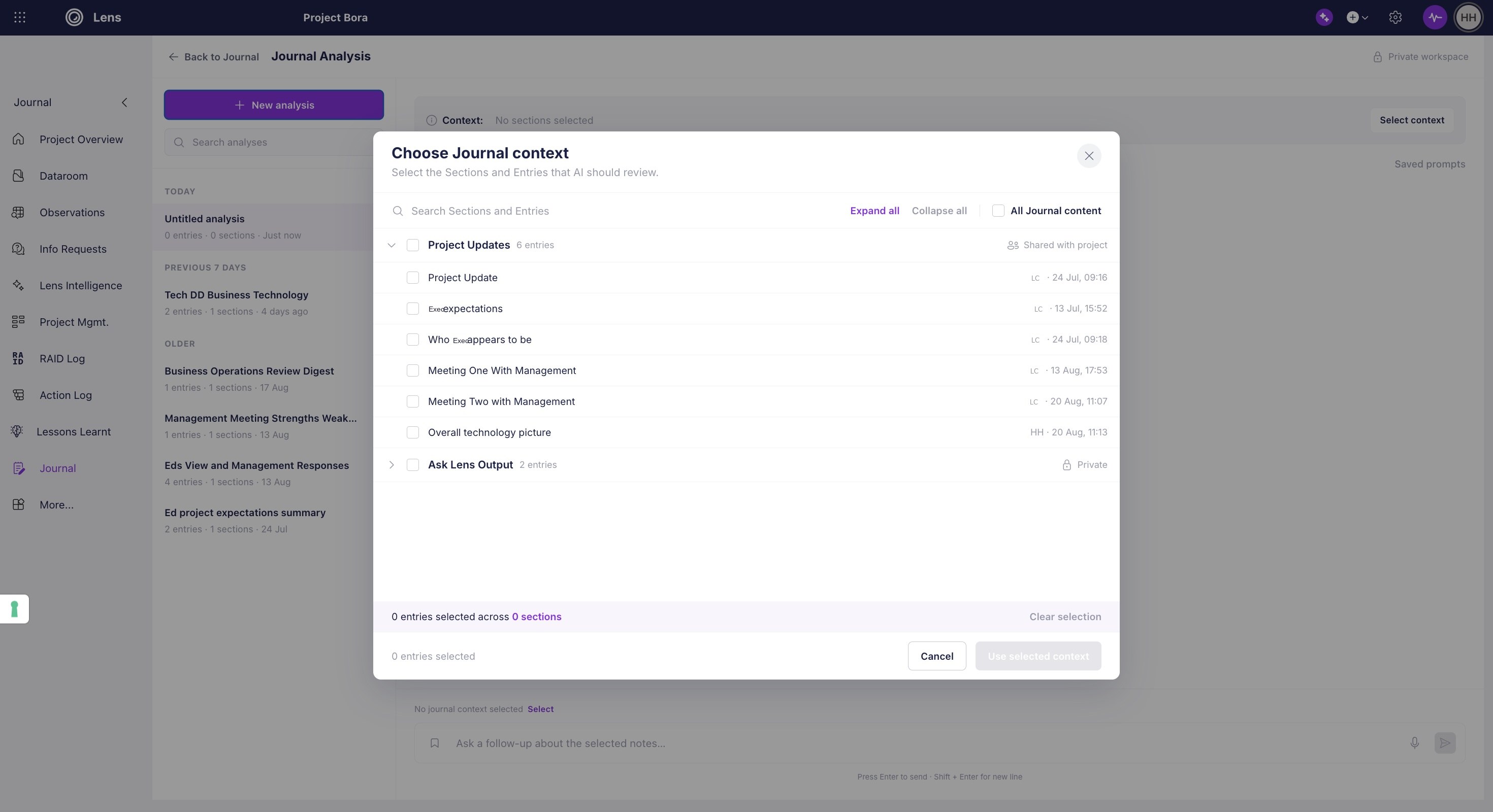 Journal AI analysis dialog for selecting which sections and entries the AI may review