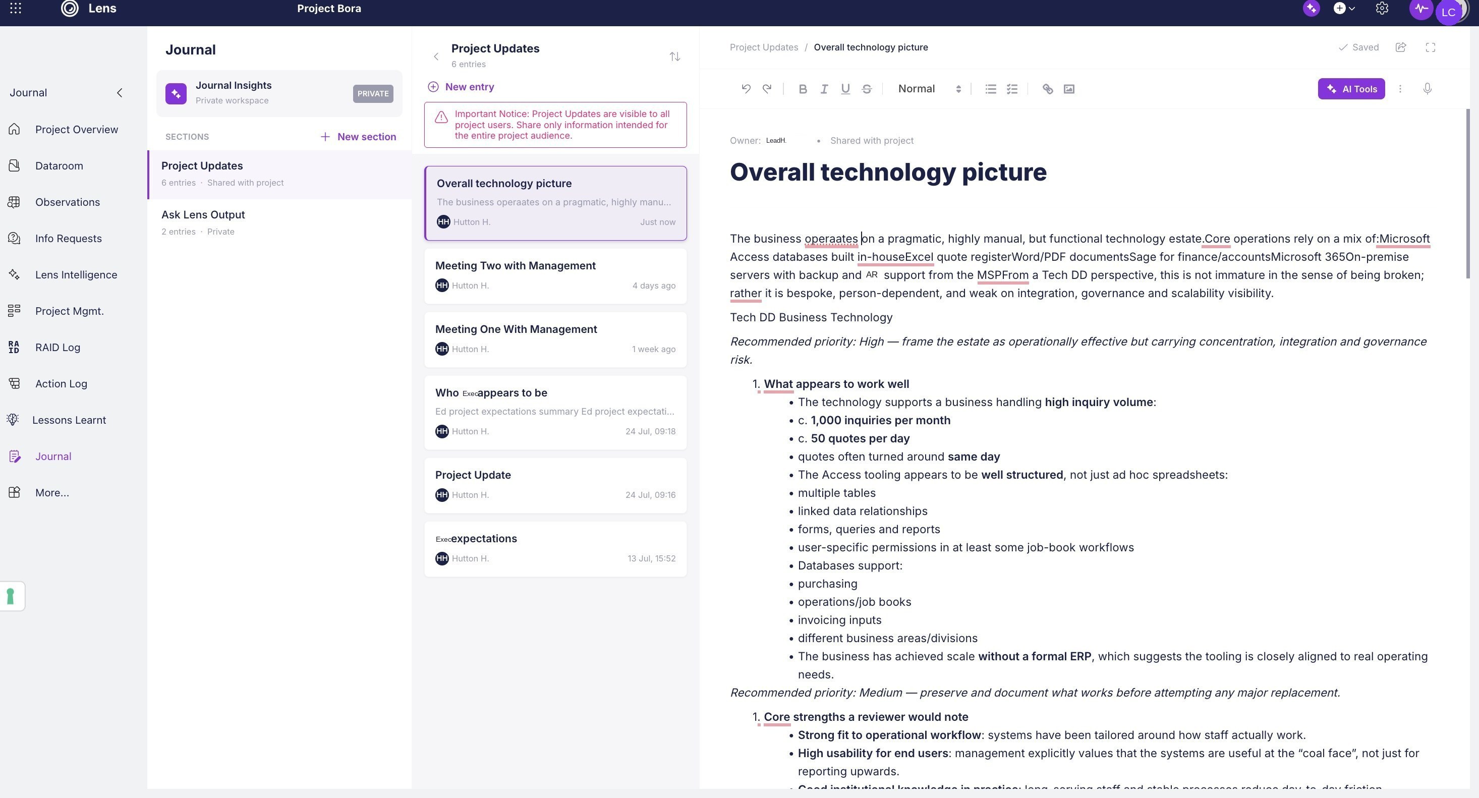 Journal interface with consultant note entries organised into sections